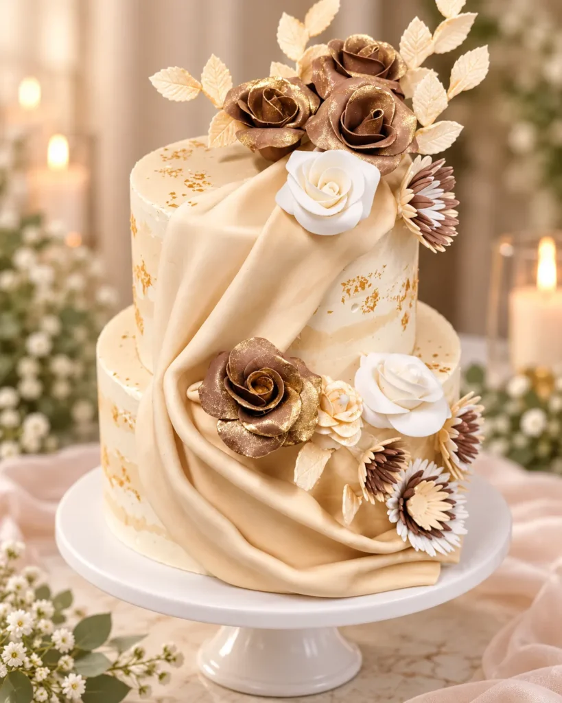 Gâteau de mariage doré et fleuri – Z Pâtisserie