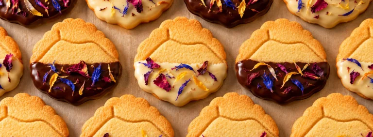 Biscuits volcaniques enrobés de chocolat et fleurs comestibles, Z Pâtisserie par Isabelle Laval en Auvergne